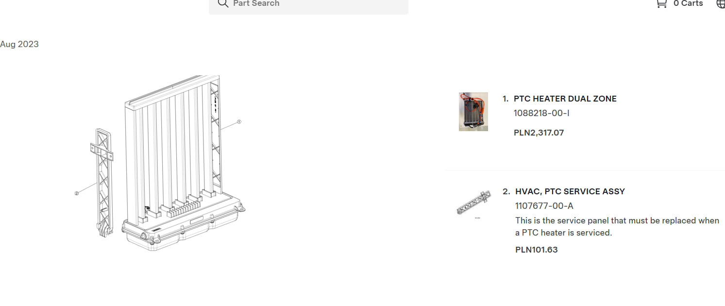 Каталог запчастей Tesla, Польша: PTC HEATER DUAL ZONE 1088218-00-I за PLN 2317,07 и сервисная панель 1107677-00-A за PLN 101,63